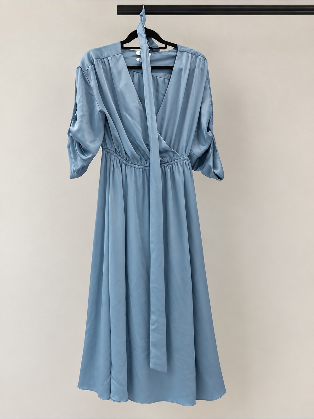 Aritzia Powder Blue Satin-Feel Wrap Midi Dress with Tie